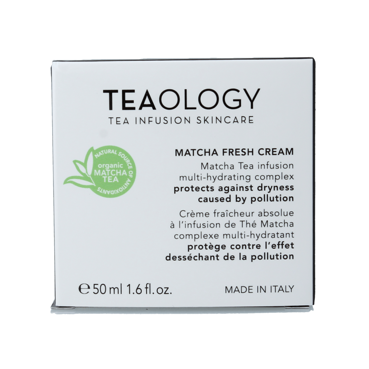 Teaology Matcha Fresh Cream in 50ml jar, facial skincare product with green tea extract, designed for nourishing and hydrating skin.
