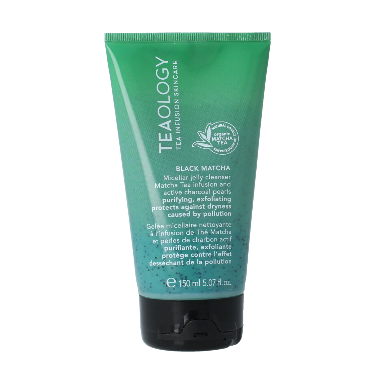 Teaology Black Matcha Micellar Jelly Cleanser in 150ml, for facial skincare, with a black matcha formula and cleansing texture.