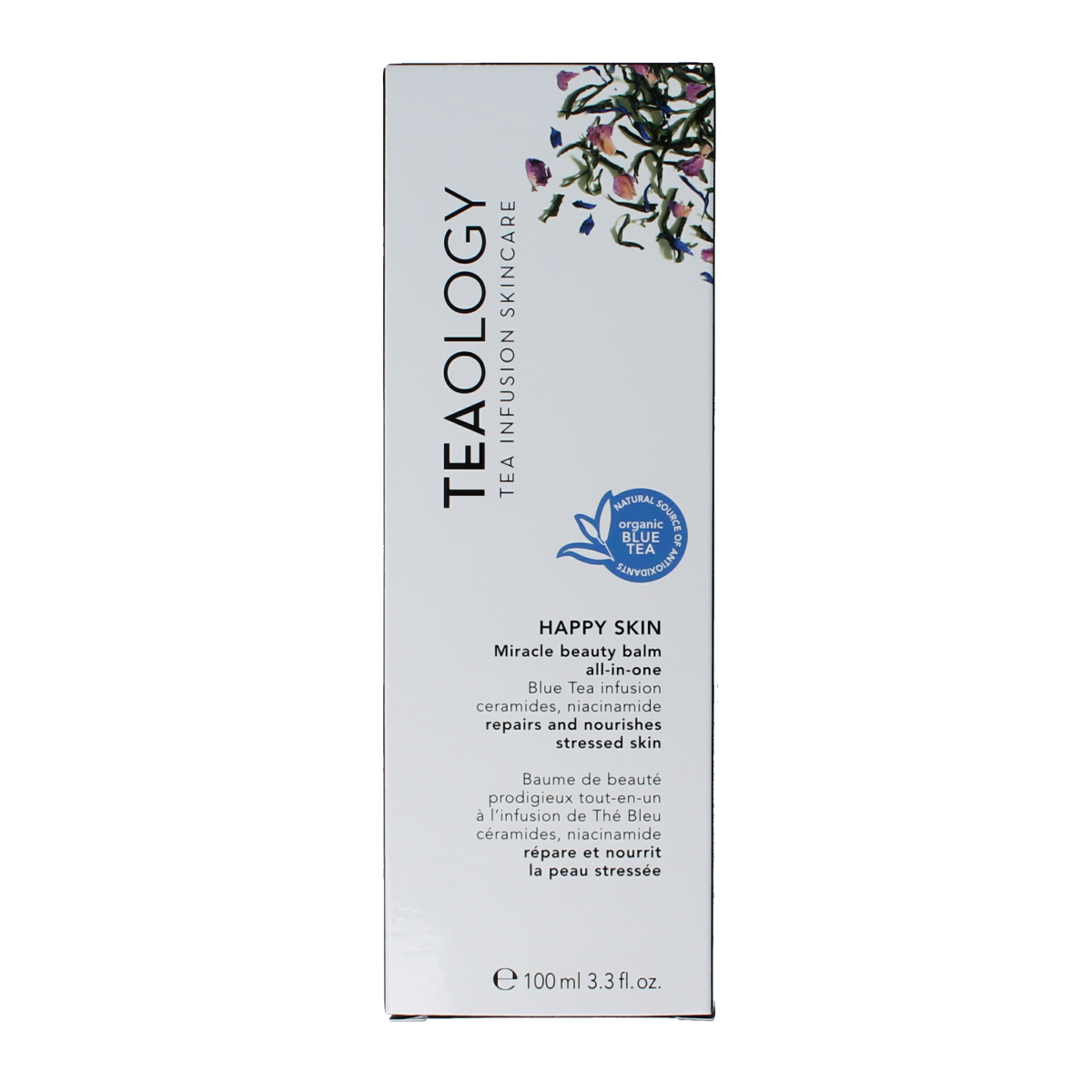 Teaology Happy Skin facial skincare bottle, 100ml, with a sleek design and clear labeling, for glowing skin.
