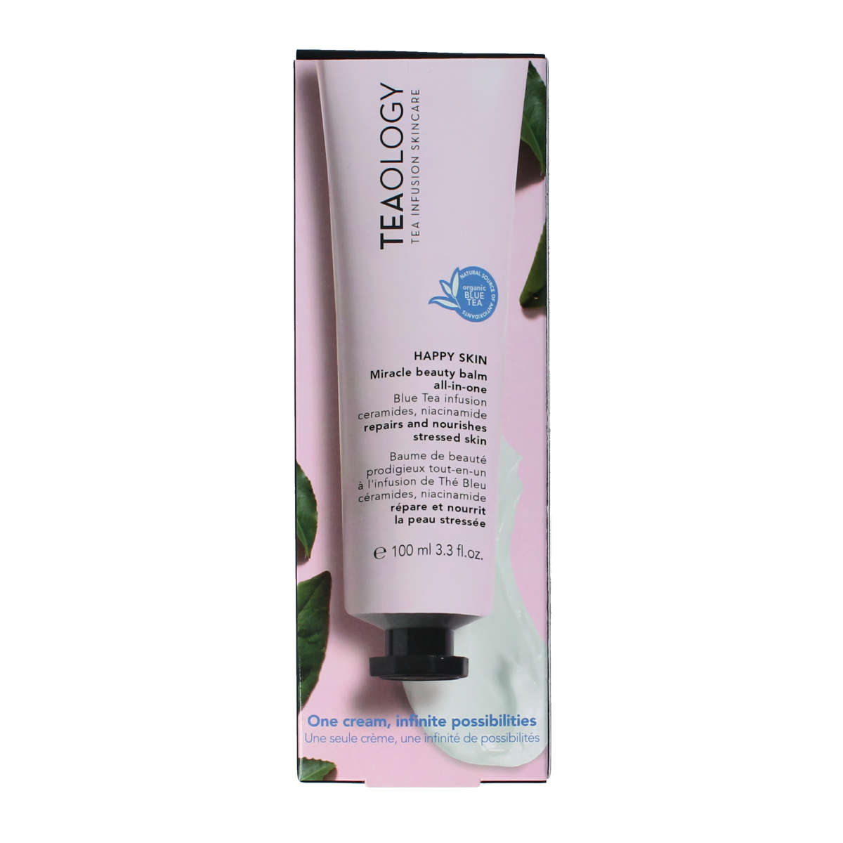 Teaology Happy Skin facial skincare product in a 100ml bottle, designed to promote healthy, radiant skin.