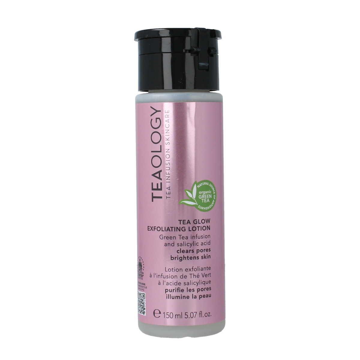 Teaology Tea Glow exfoliating lotion in 150ml bottle, facial skincare product with a sleek white and blue packaging design.