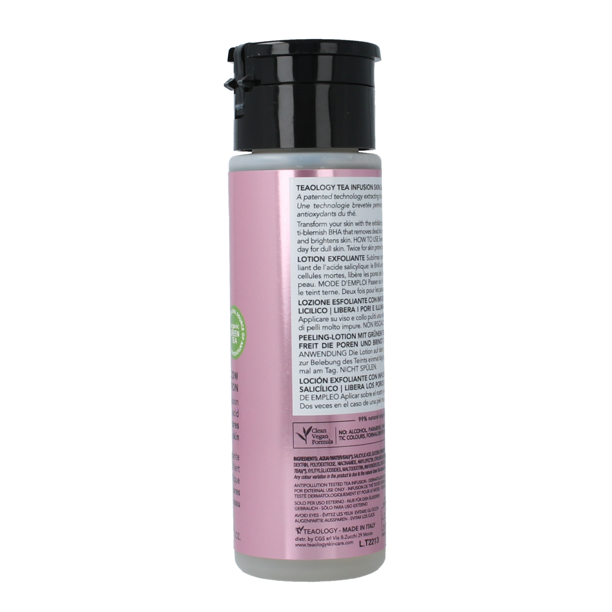 Teaology Tea Glow exfoliating lotion for face, 150ml, with gentle exfoliating and skincare benefits, shown in a clear bottle.