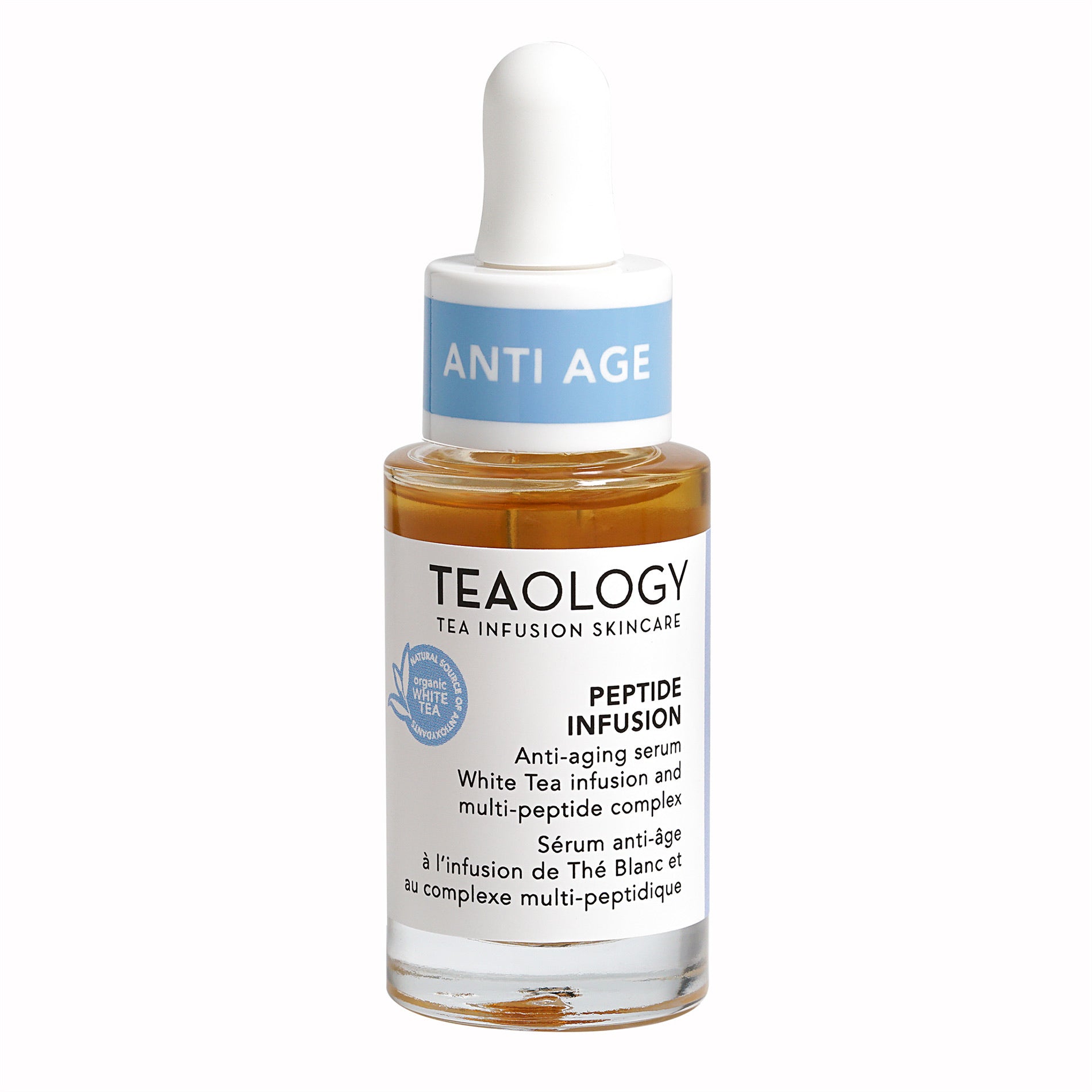 Teaology Peptide Infusion facial skincare product in a 15ml bottle, designed for enhancing skin health and hydration.