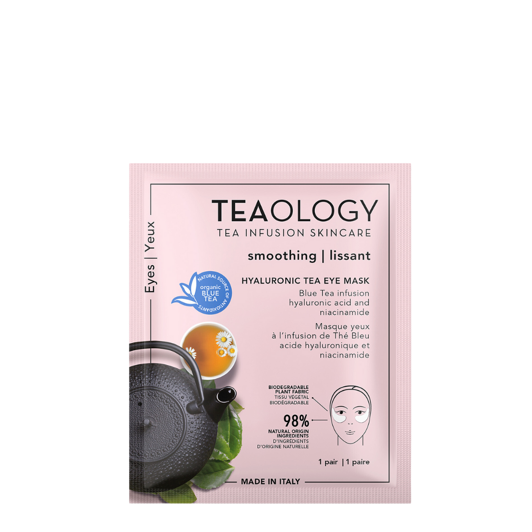 Teaology hyaluronic eye mask in a 5ml container, designed for eye care and hydration with soothing ingredients.