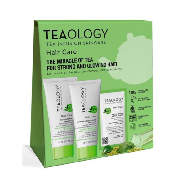 Teaology Matcha repair hair care kit with shampoo and conditioner bottles, natural hair treatment for damaged hair.