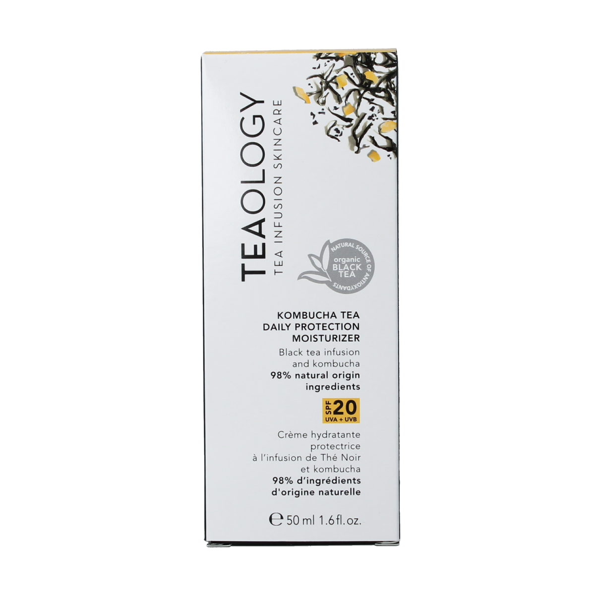 Teaology Kombucha tea moisturizer SPF20 in a 50ml jar, featuring natural ingredients and a soothing, lightweight texture.