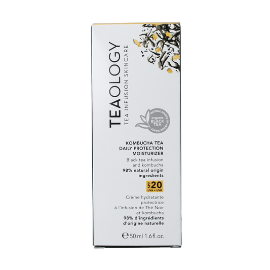 Teaology Kombucha tea moisturizer SPF20 in a 50ml jar, featuring natural ingredients and a soothing, lightweight texture.