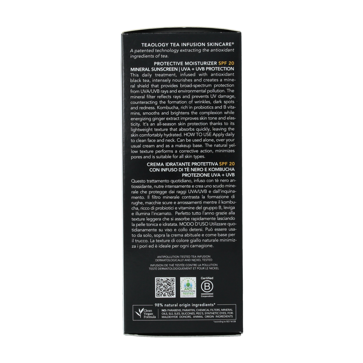 Teaology Kombucha tea moisturizer with SPF20, 50ml, featuring a sunny Zonnen design, for nourishing skin and sun protection.