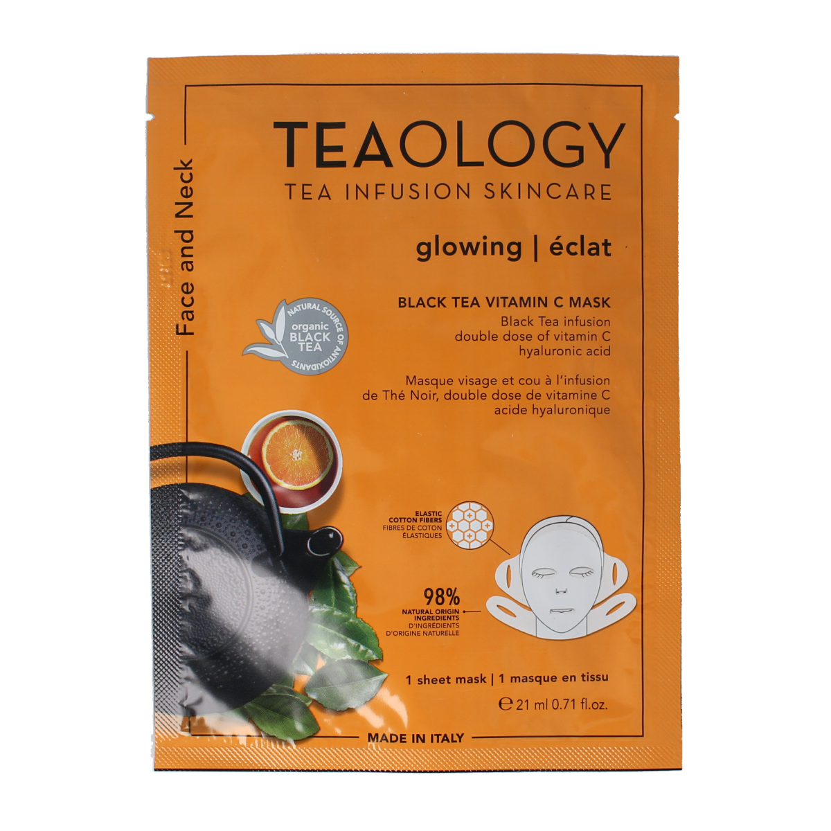Teaology Black Tea Vitamin C face mask in individual packaging, designed for skincare and facial treatment.