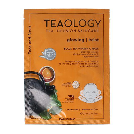 Teaology Black Tea Vitamin C face mask in individual packaging, designed for skincare and facial treatment.