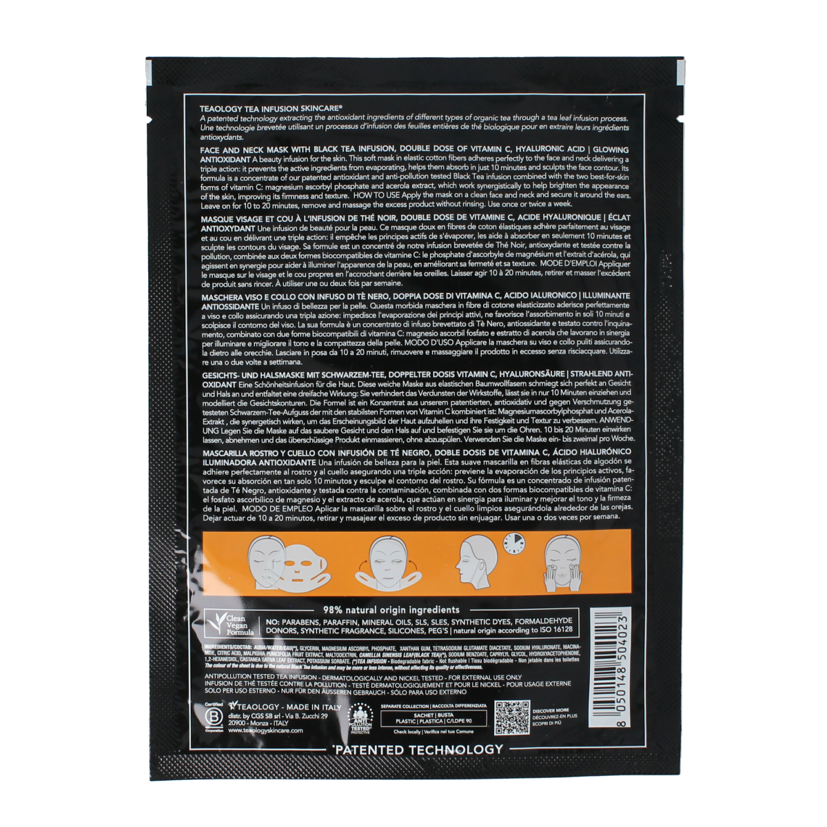 Teaology Black Tea Vitamin C face mask in a single package, showcasing the skincare product for facial care.