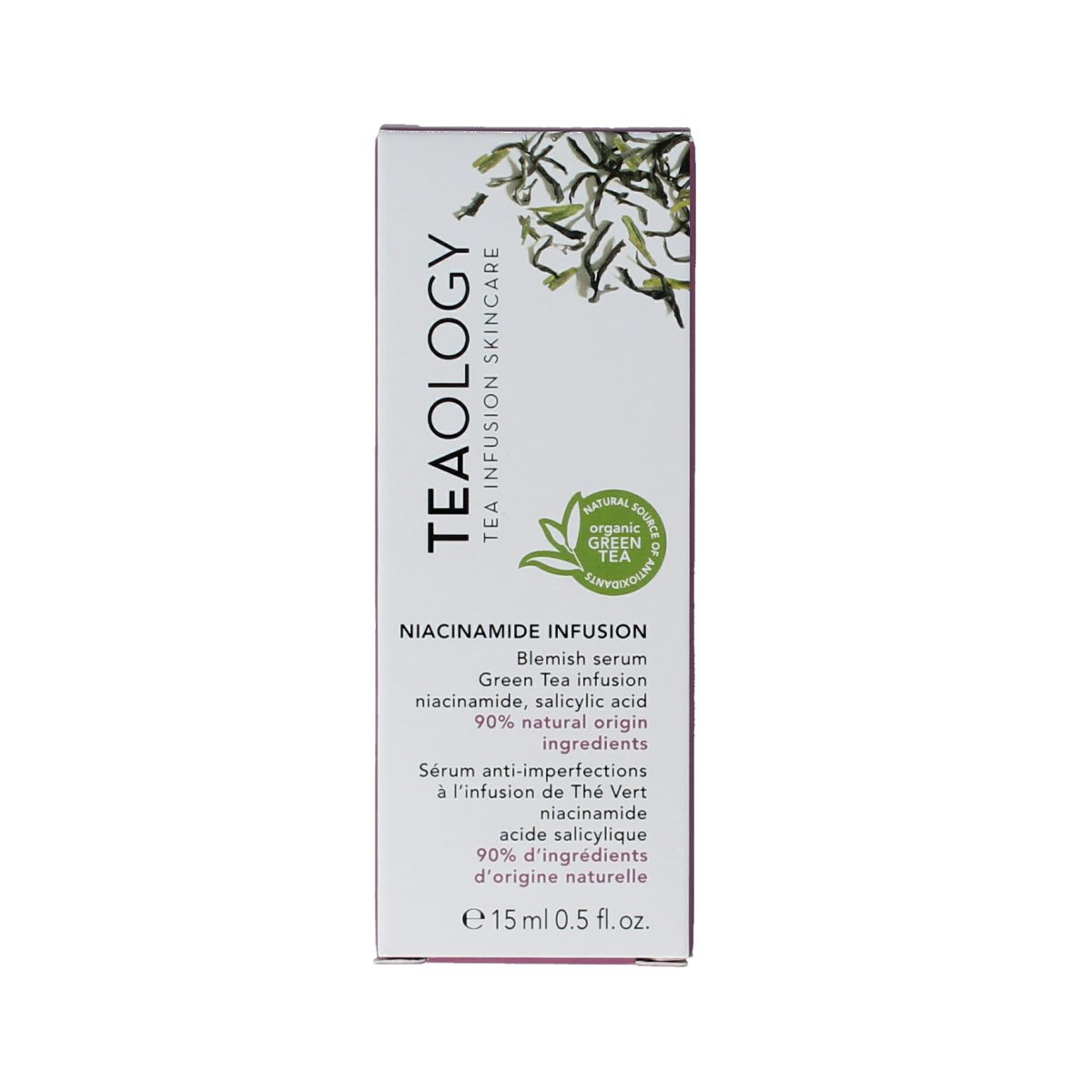 Teaology Niacinamide infusion facial serum in 15ml bottle, designed for skincare and skin brightening.