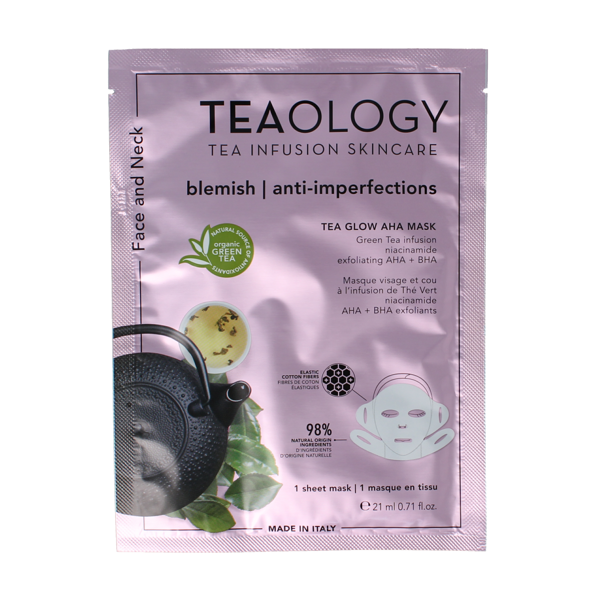 Teaology Tea Glow AHA Mask for purifying facial skincare, displayed in a sleek jar with a smooth, glowing surface.