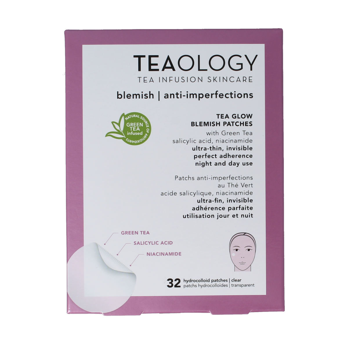 Teaology Tea Glow Blemish Patches for face, 32 pieces, skincare treatment with transparent hydrocolloid spots for blemish healing.
