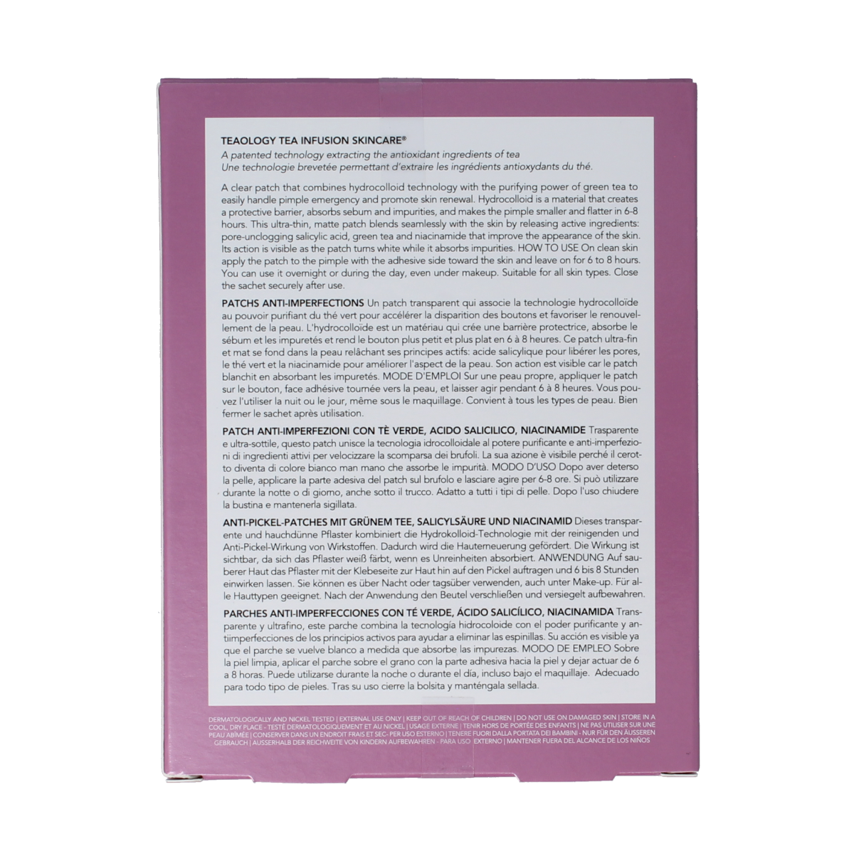 Teaology Tea Glow Blemish Patches for facial skincare, 32 pieces, visible clear patches on skin in the image.