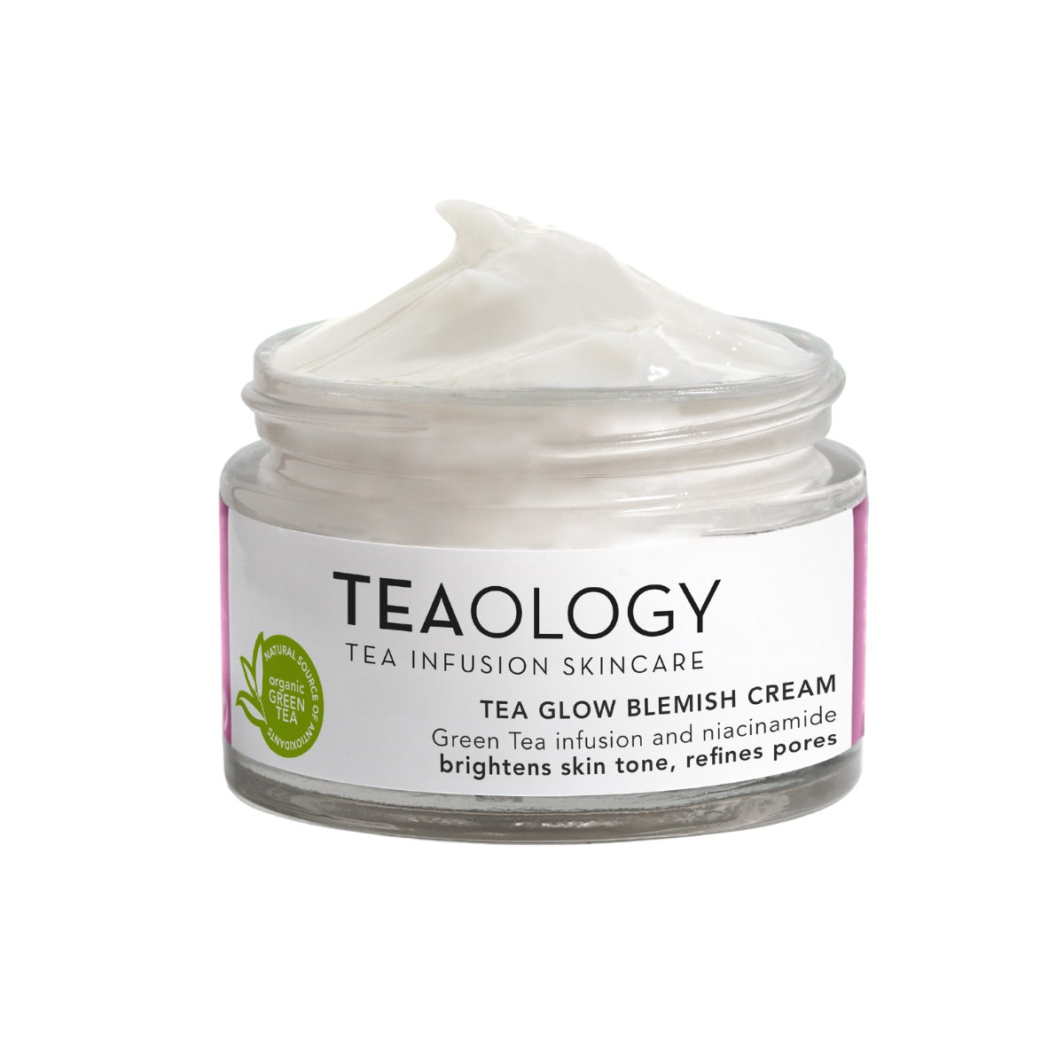 Teaology Tea Glow Niacinamide Blemish Cream jar, 50ml, facial skincare product for blemish treatment and skin brightening.