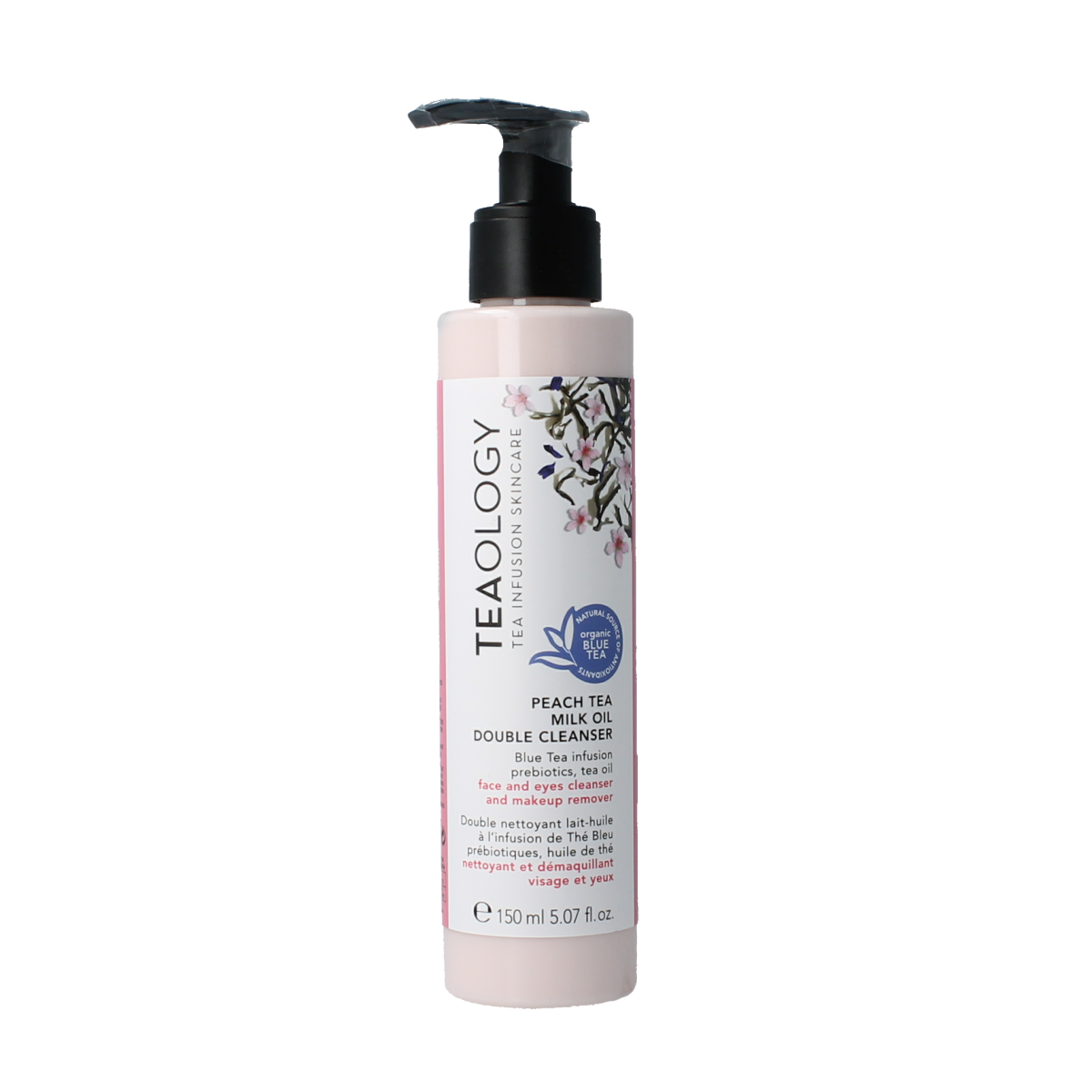 Teaology Peach Tea Milk Double Cleanser bottle, 150ml, for facial skincare with peach tea extract and gentle cleansing formula.