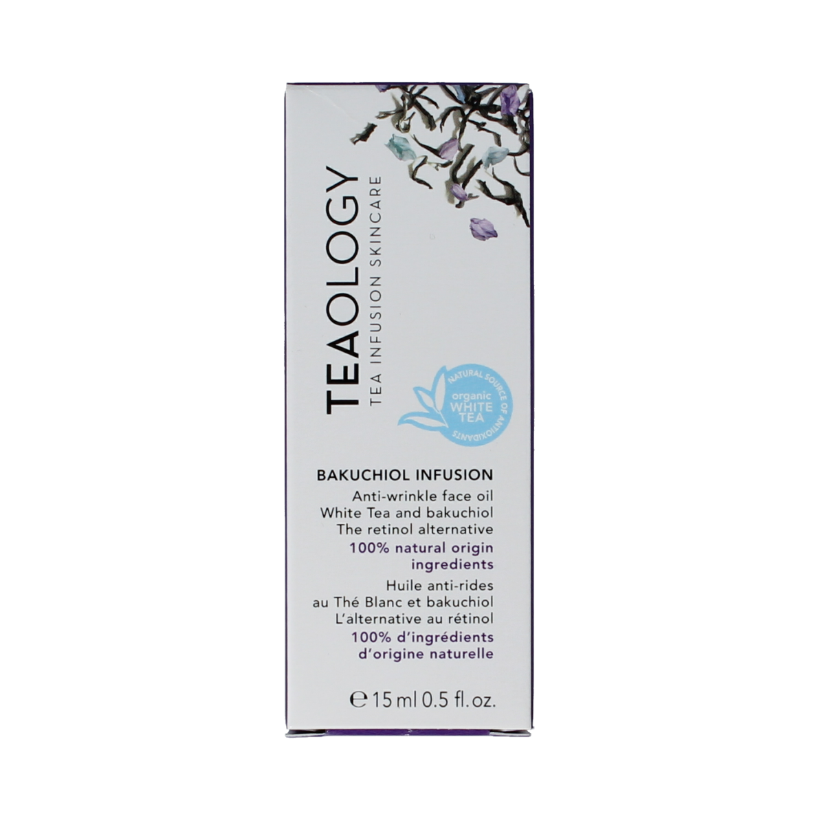 Teaology Bakuchiol facial serum in a 15ml bottle, skincare product for natural facial care, with a clear view of the packaging.