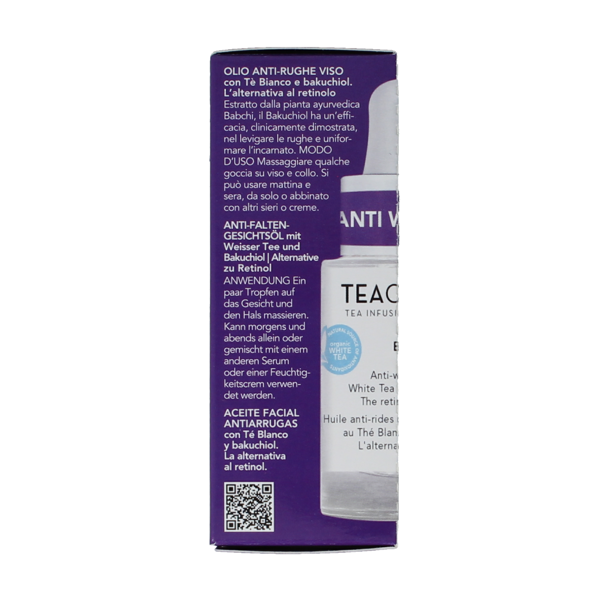 Teaology Bakuchiol infusion facial serum bottle with dropper, 15ml, for skincare and anti-aging face treatment.