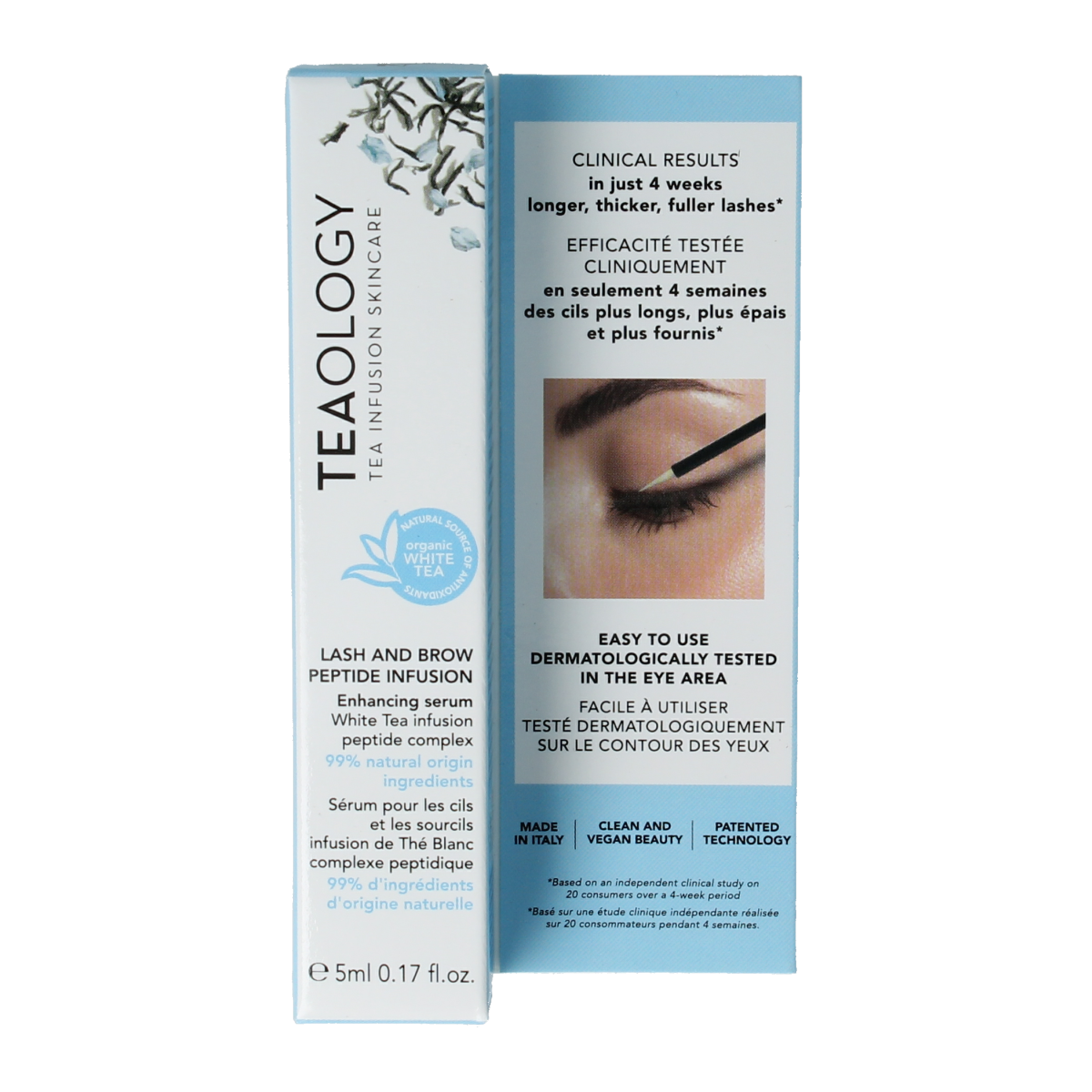 Teaology Lash and Brow Peptide Infusion bottle, 5ml, for eyelash and eyebrow growth and nourishment.