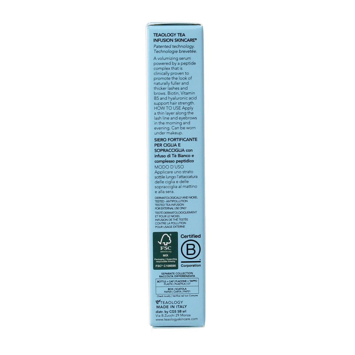 Teaology Lash and brow peptide infusion bottle, 5ml, close-up of the skincare product for lash and brow enhancement.