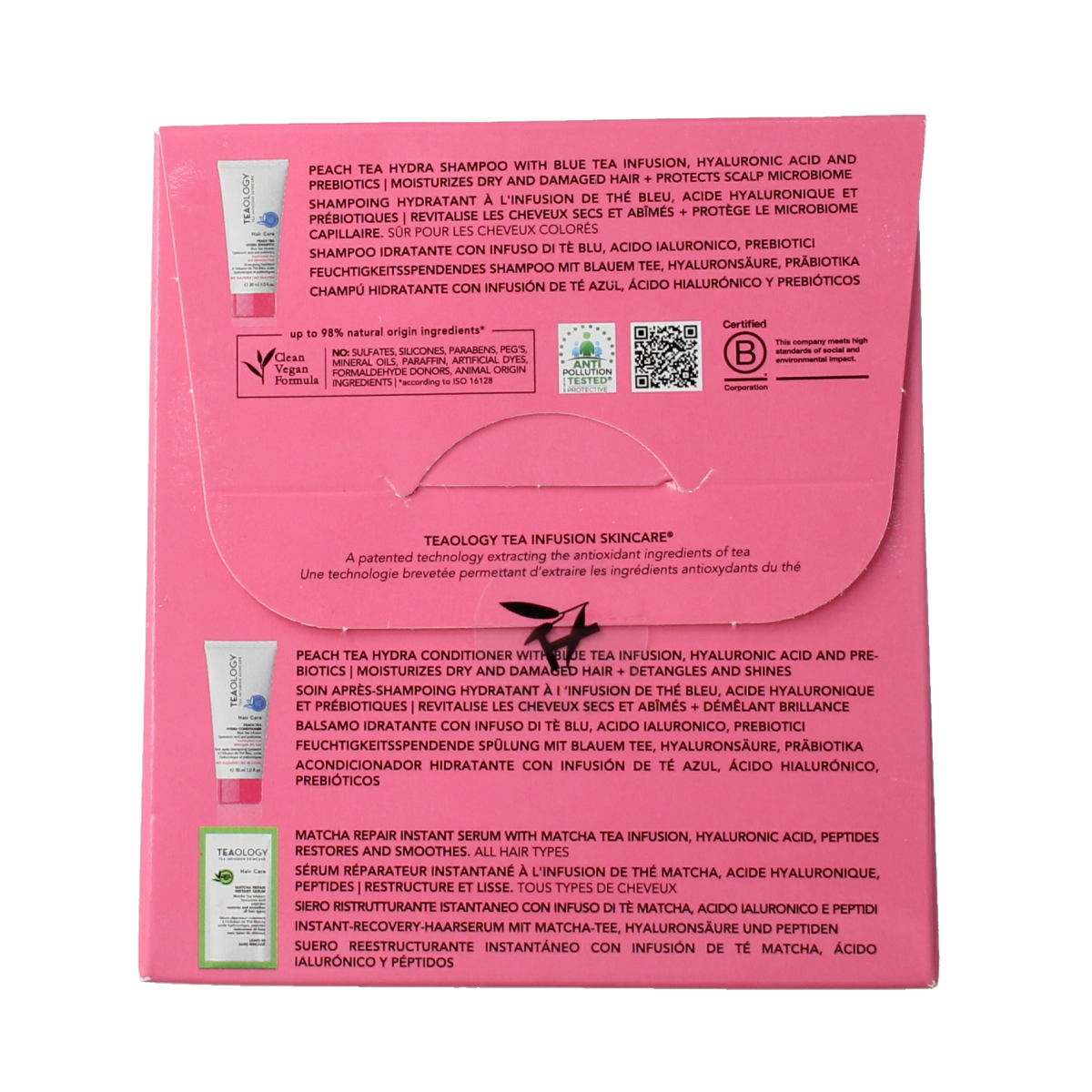 Teaology Peach Tea hair care kit with shampoo and conditioner bottles, nourishing hair treatment by Teaology.