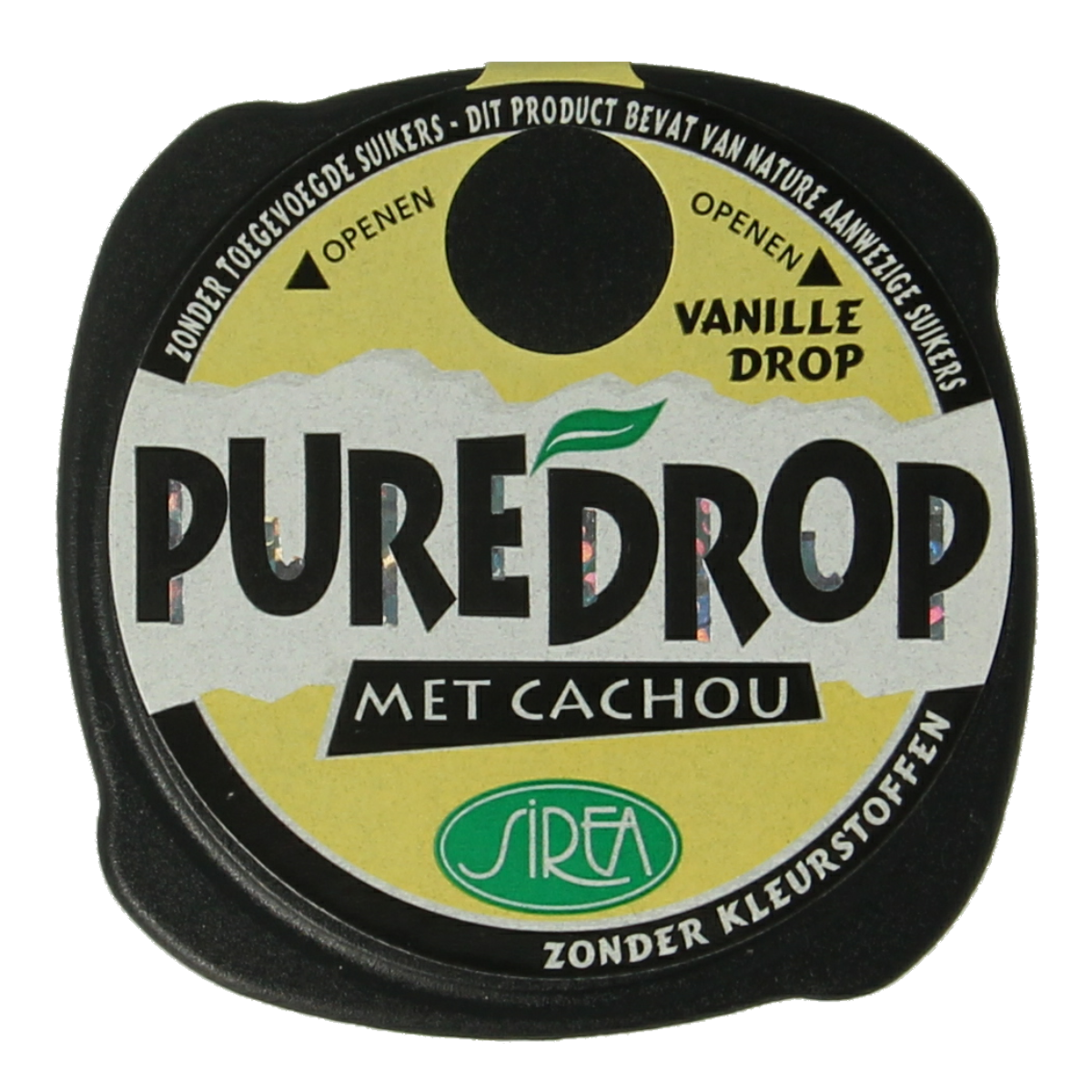 Sirea Cachou vanille snoepgoed in 13g potje, vanilla-flavored candies with a smooth, glossy appearance.