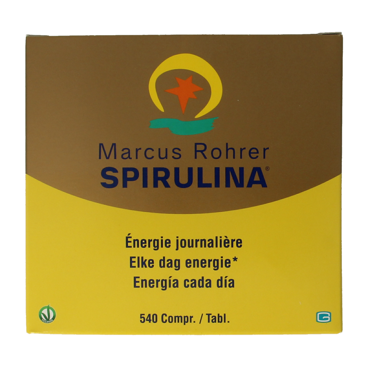 Marcus Rohrer Spirulina navul, 540 tablets, herbal supplement container with green tablets inside.
