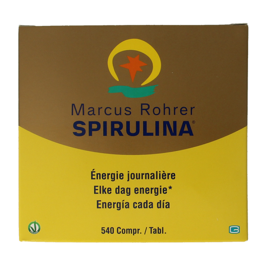 Marcus Rohrer Spirulina navul, 540 tablets, herbal supplement container with green tablets inside.