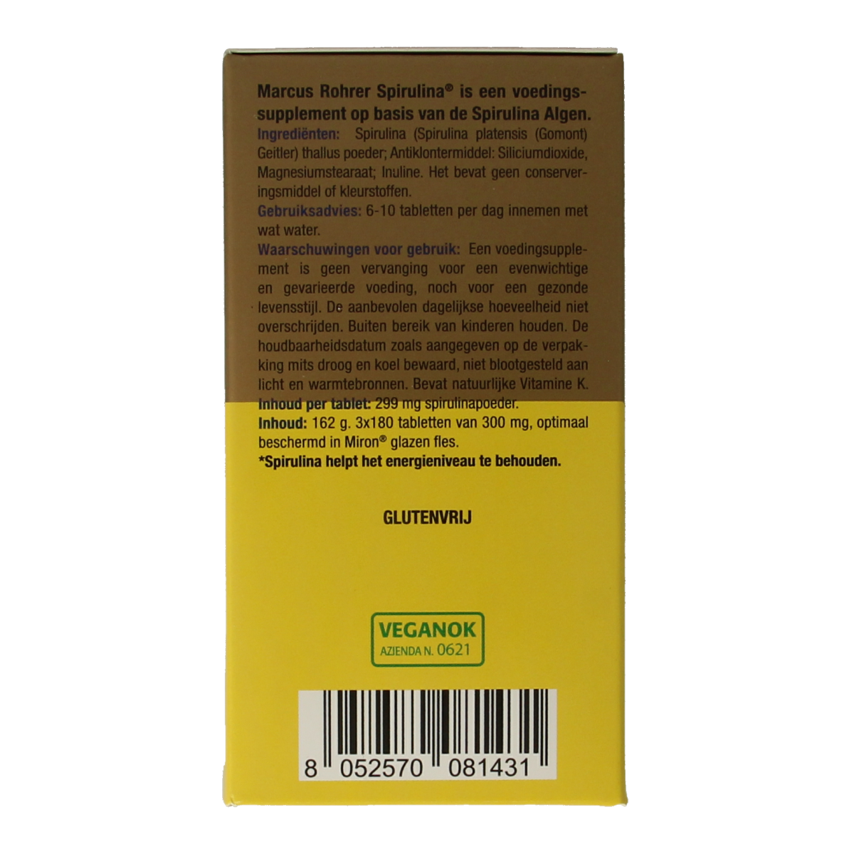 Marcus Rohrer Spirulina tablets in a container, showing the green herbal supplement's packaging and product details.
