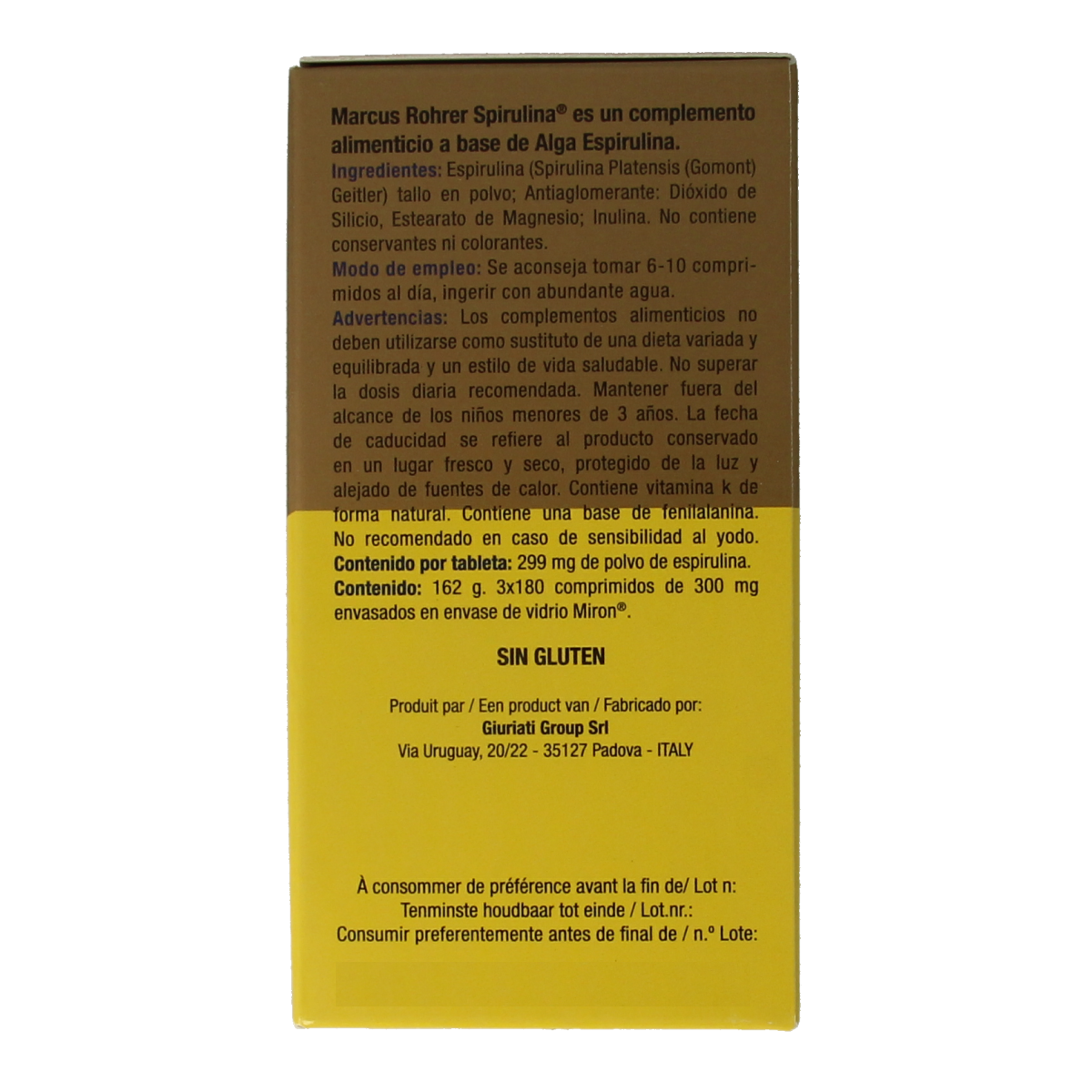 Marcus Rohrer Spirulina tablets in a container, part of herbal supplements, showcasing green spirulina tablets in the package.