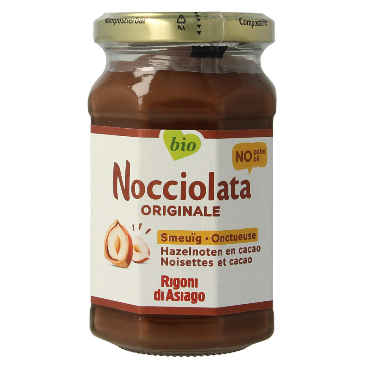 Jar of Nocciolata organic chocolate hazelnut spread on bread, 250g, with a smooth, creamy texture and hazelnut and cocoa ingredients visible