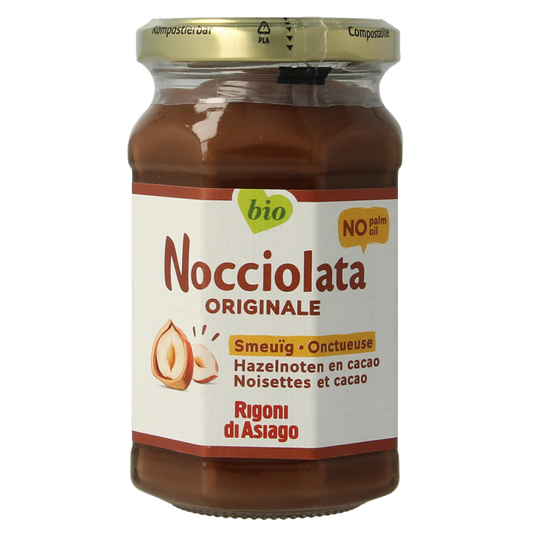 Jar of Nocciolata organic chocolate hazelnut spread on bread, 250g, with a smooth, creamy texture and hazelnut and cocoa ingredients visible