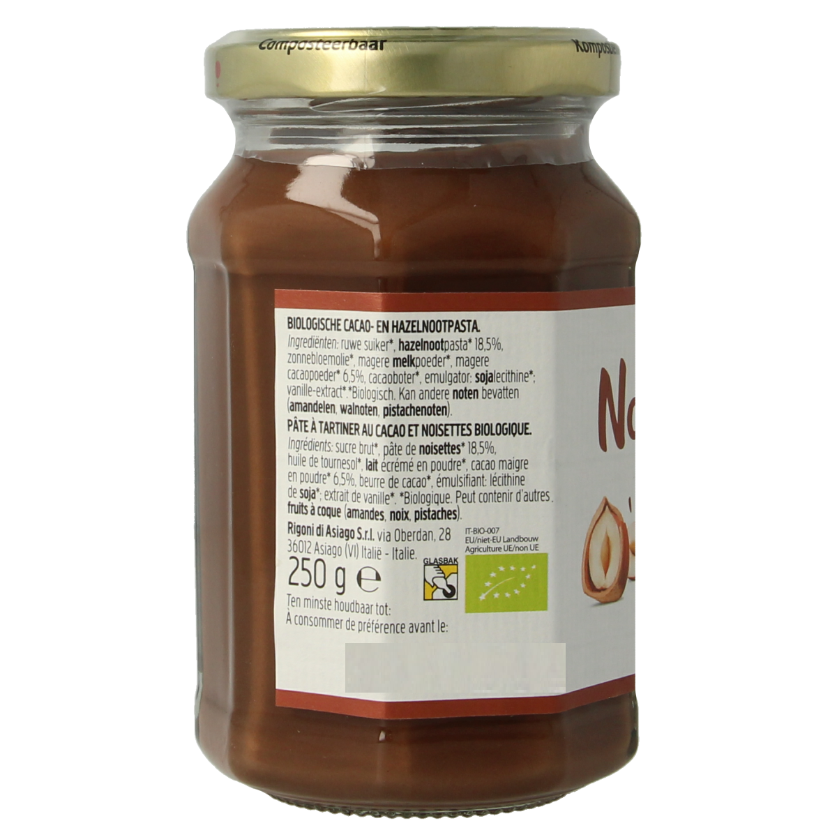 Organic Nocciolata hazelnut chocolate spread on bread, 250g jar with label showing hazelnuts and chocolate imagery.