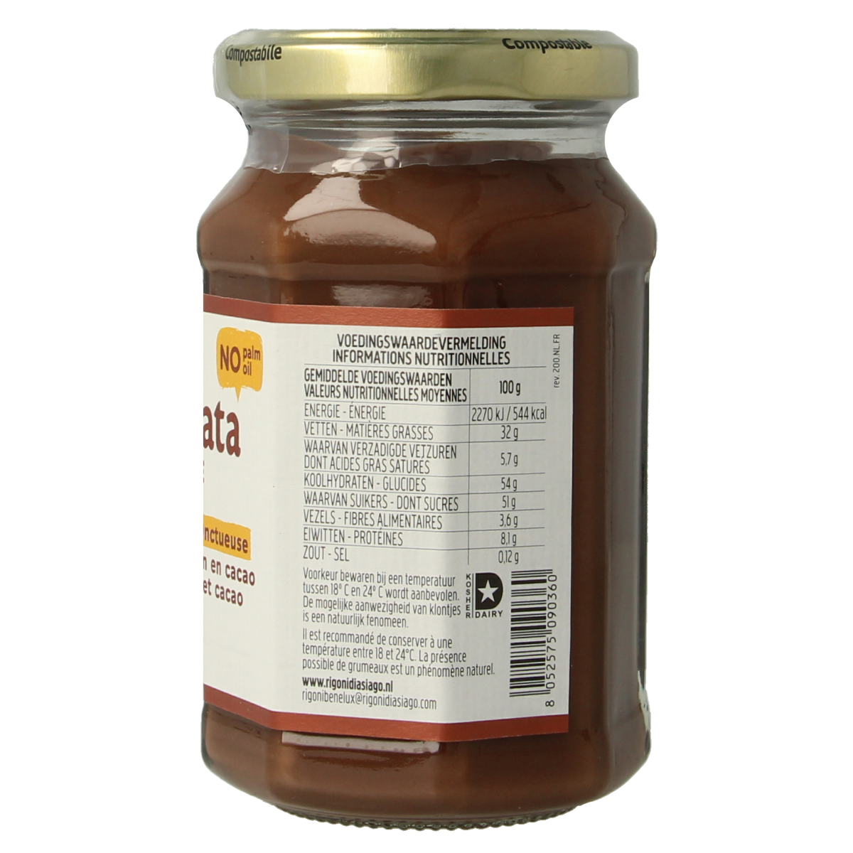 Nocciolata organic chocolate hazelnut spread on bread, 250g jar, natural and creamy hazelnut and cocoa spread.