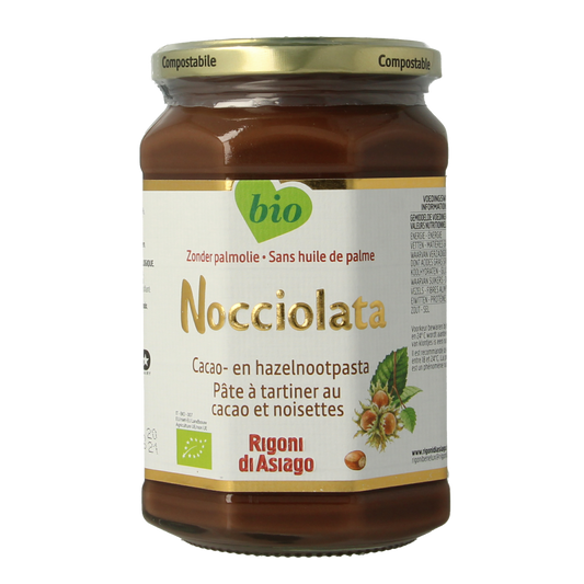 Nocciolata organic chocolate hazelnut spread jar, 650g, as a delicious bread topping, from the Nocciolata brand.