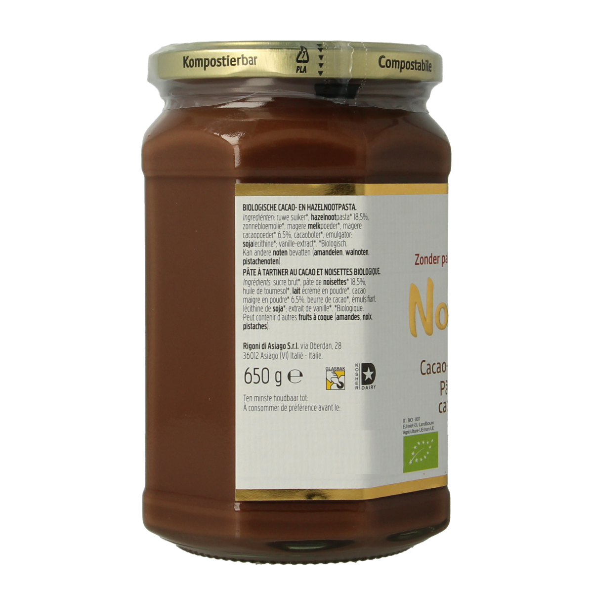 Nocciolata organic chocolate hazelnut spread on bread, 650g jar, natural hazelnut and chocolate creamy texture.