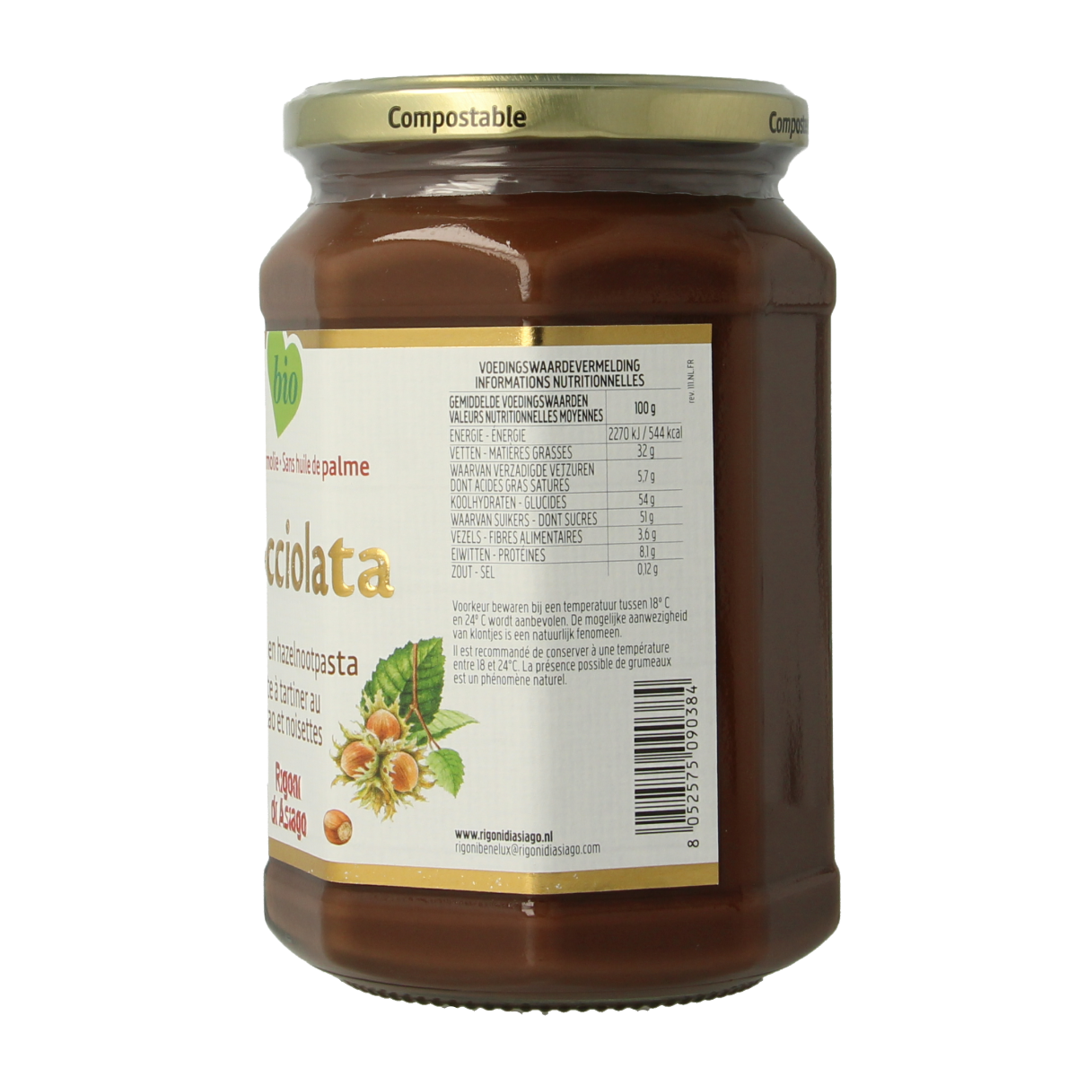 Nocciolata organic chocolate hazelnut spread on bread, 650 grams, Nocciolata brand, creamy and rich texture, breakfast spread.