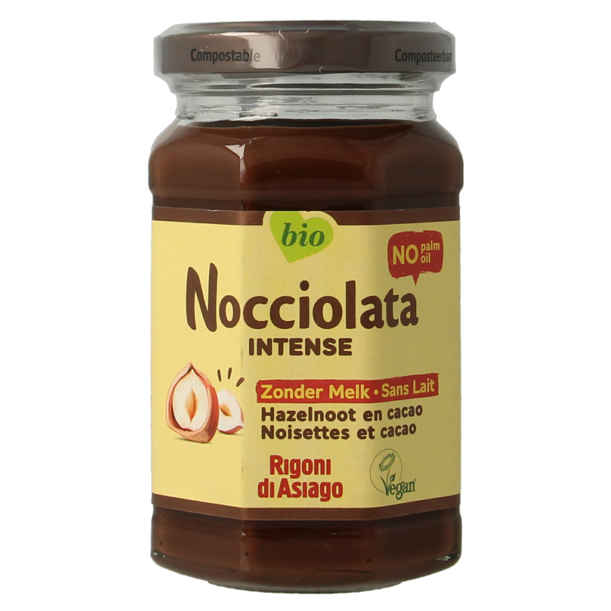 Nocciolata hazelnut spread with cocoa, organic, dairy-free, 250g jar, ideal as bread spread or snack.