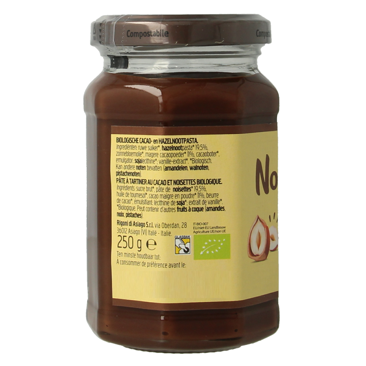Nocciolata hazelnut spread without milk, organic, 250g jar, ideal as a bread spread with a smooth, chocolate-hazelnut flavor