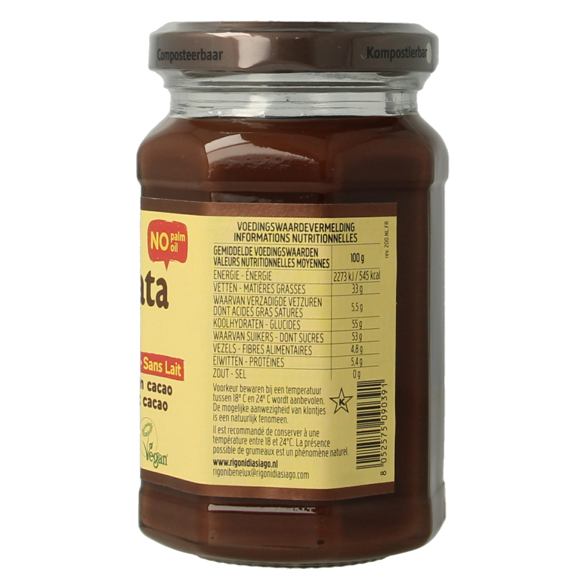 Nocciolata hazelnut spread without milk in a 250g jar, organic bread spread with hazelnut and cocoa flavor.