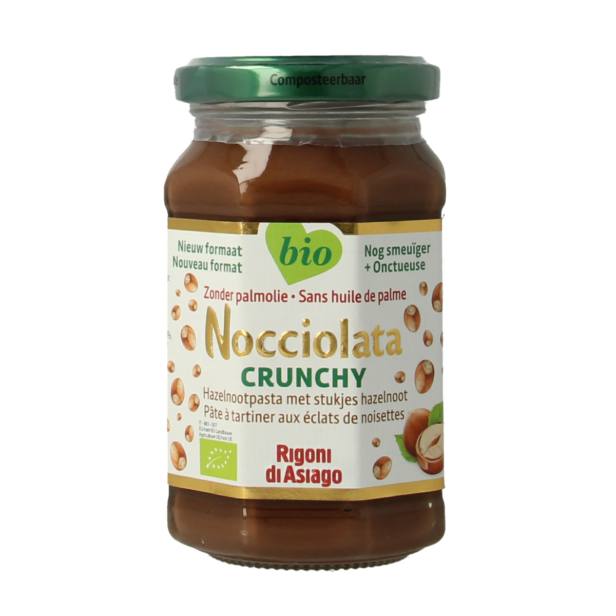 Nocciolata crunchy bio hazelnut spread on bread, 250g jar showing the Nocciolata branding and textured hazelnut spread surface.
