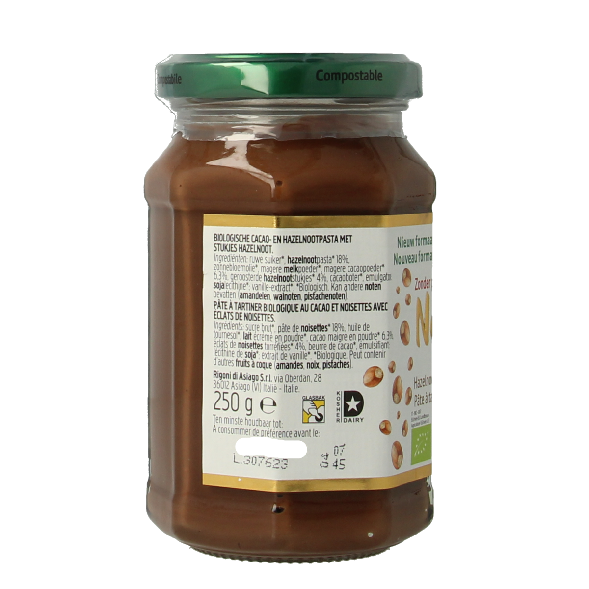 Nocciolata hazelnut spread with crunchy texture, 250g jar, natural organic broodbeleg from Nocciolata, topped with hazelnuts and chocolate.