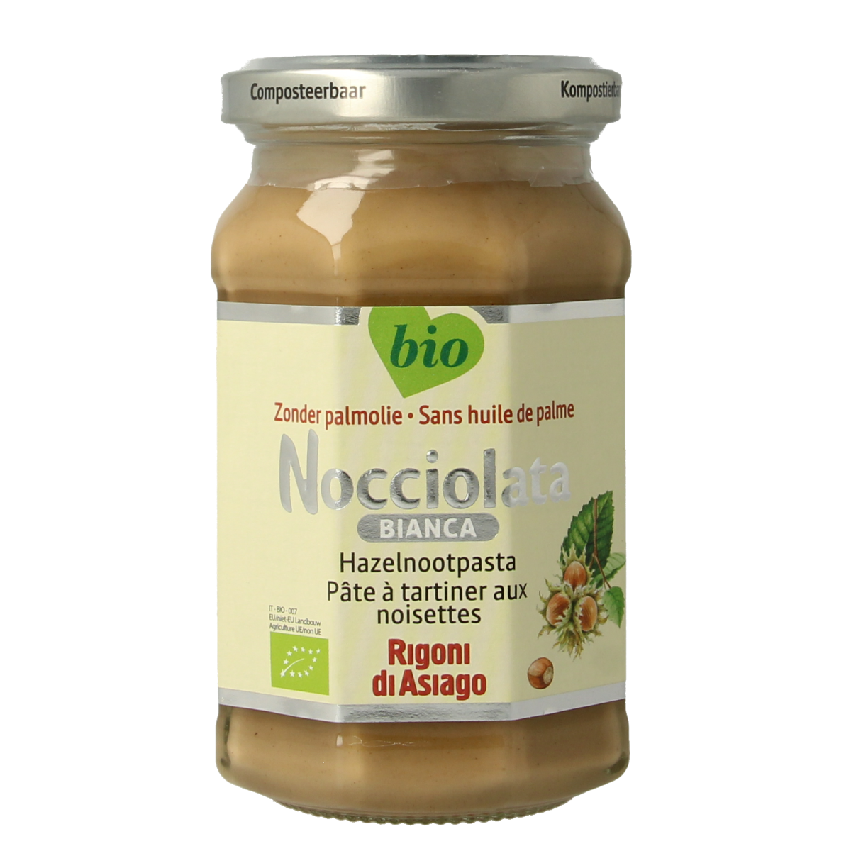 Nocciolata bio hazelnut spread jar on a wooden table, natural product with a white hazelnut spread label, 250g.
