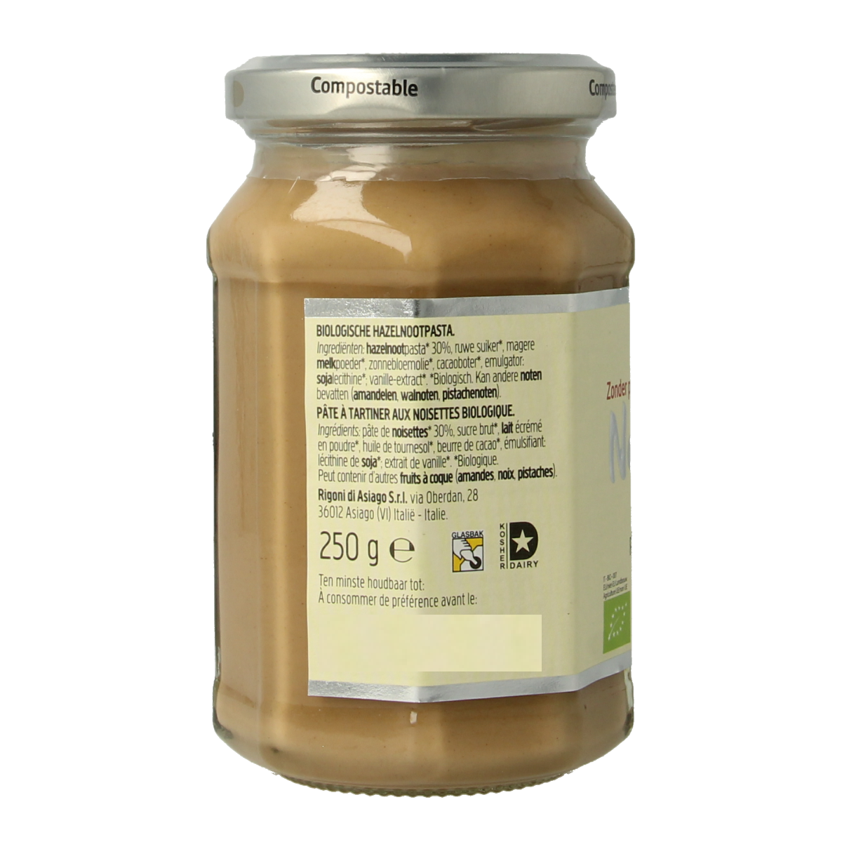 Nocciolata Witte hazelnootpasta bio spread on bread, 250g jar, natural hazelnut and cocoa flavor, Nocciolata brand.