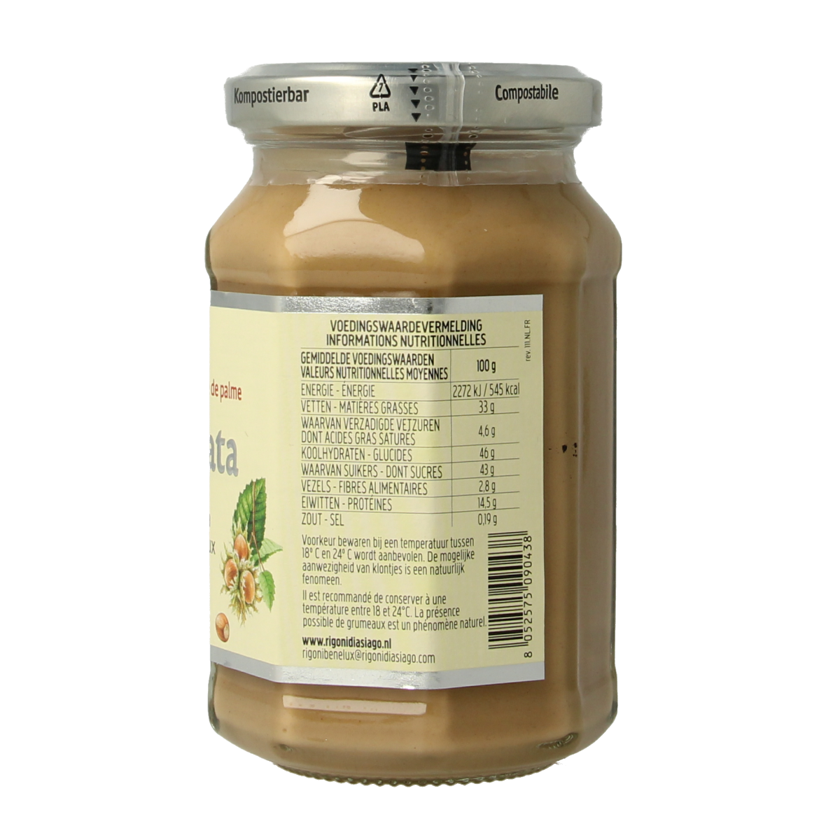 Jar of Nocciolata bio hazelnut spread on bread, showing creamy texture and hazelnuts, 250g Nocciolata brand.