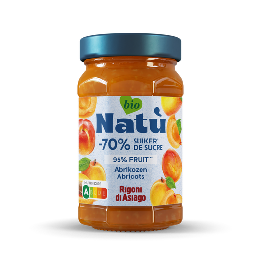 Natu bio apricot jam spread on bread, 240g jar, natural fruit preserves with apricot pieces, for breakfast or snacks.