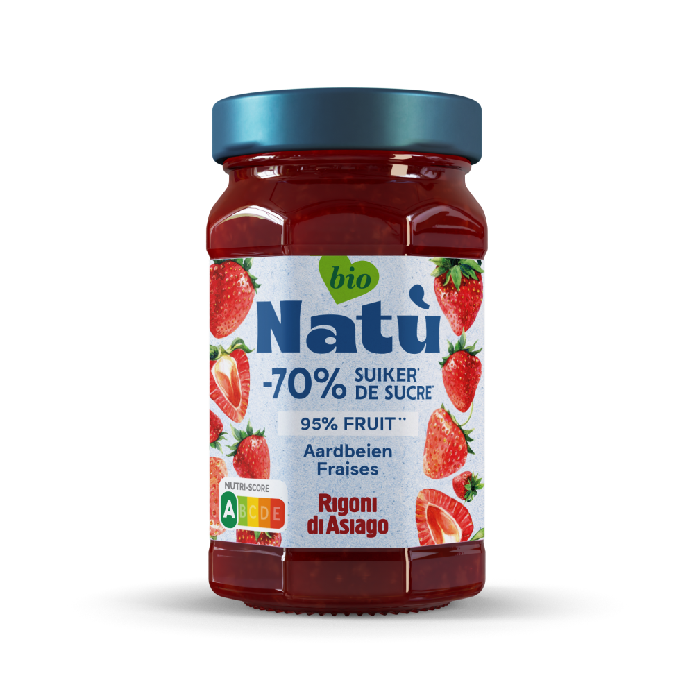Natu bio strawberry jam spread on bread, 240g jar, natural fruit preserve, perfect for breakfast or snacks.