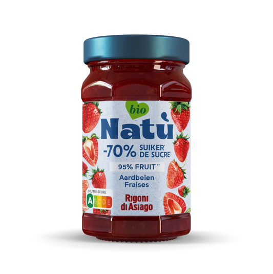 Natu bio strawberry jam spread on bread, 240g jar, natural fruit preserve, perfect for breakfast or snacks.