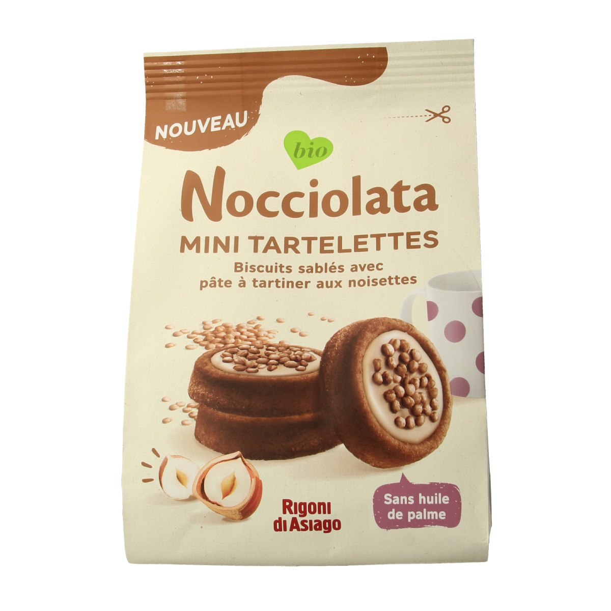 Rigoni Di Asiago Nocciolata bianca tartlets, bio almond-filled cookies in a 250g package, displayed on a plate.